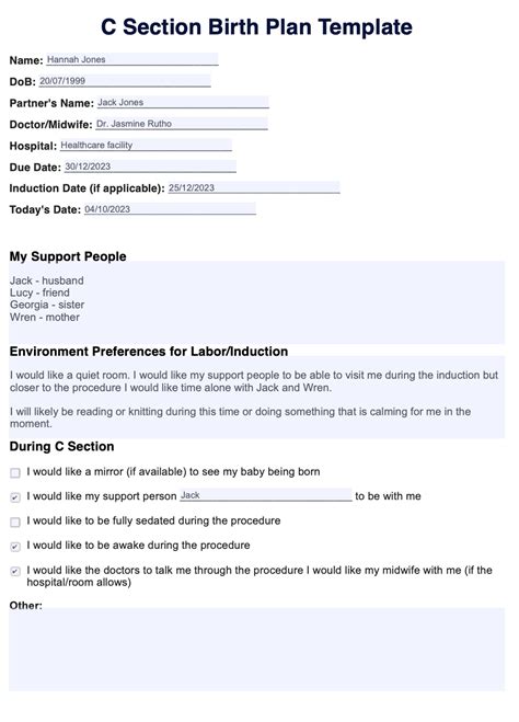Cesarean Section Birth Plan Template