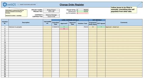 Change Order Log Template Excel