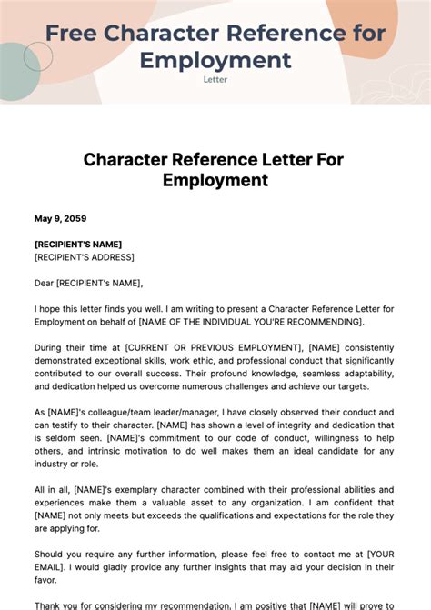 Character Reference Letter For Job Template