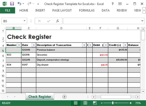 Check Register Excel Template