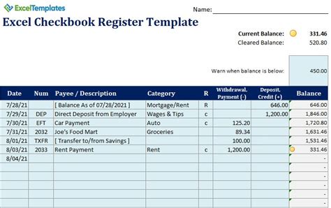Checkbook Register Template Excel