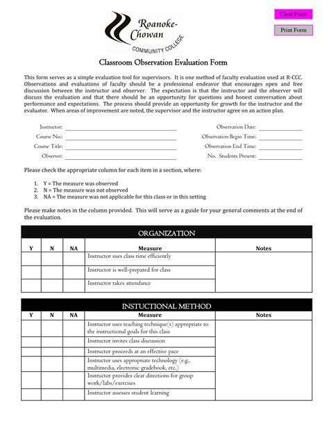 Classroom Observation Template