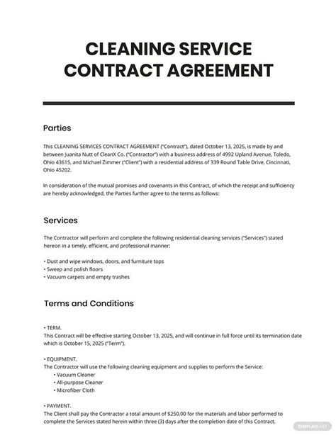 Cleaning Service Contract Agreement Template