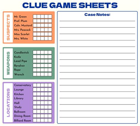 Clue Game Sheet Printable