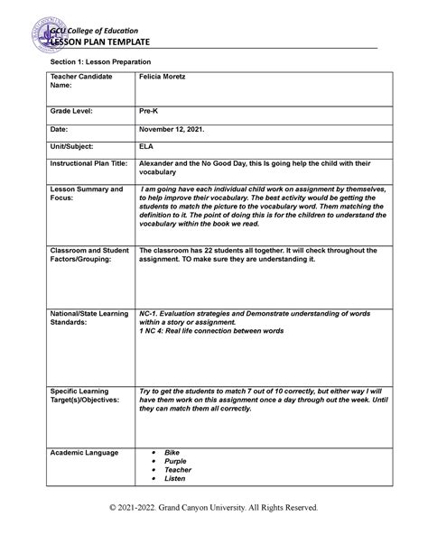 Coe Lesson Plan Template Gcu