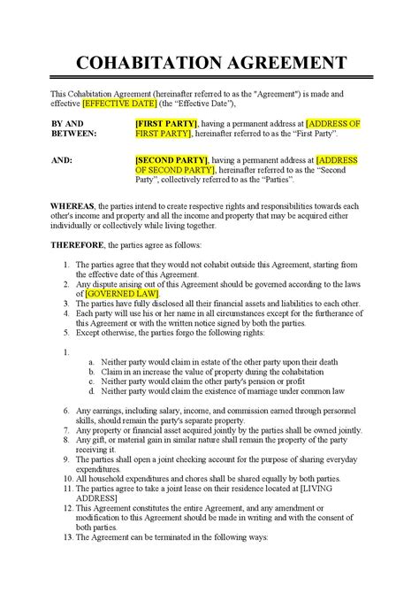 Cohabitation Agreement Template
