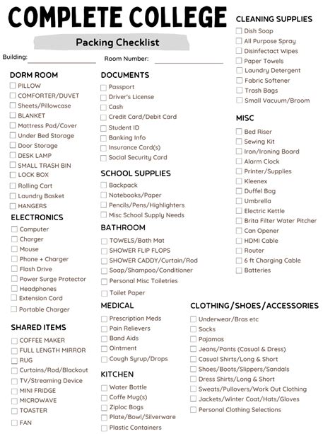 College Packing List Template