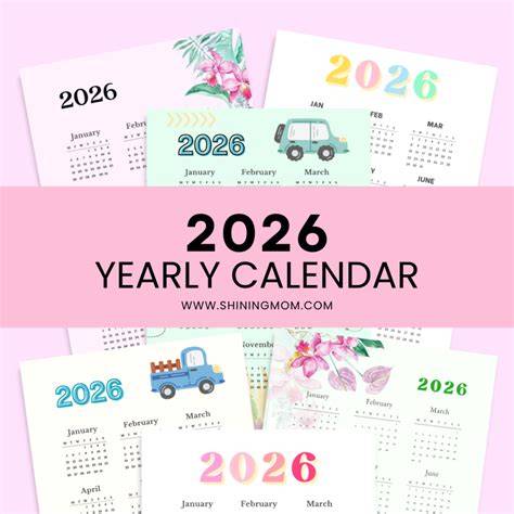 Colorful Yearly On 1 Page Printable Calendar