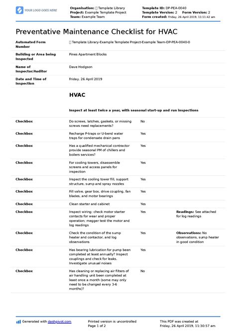 Commercial Hvac Pm Checklist Template