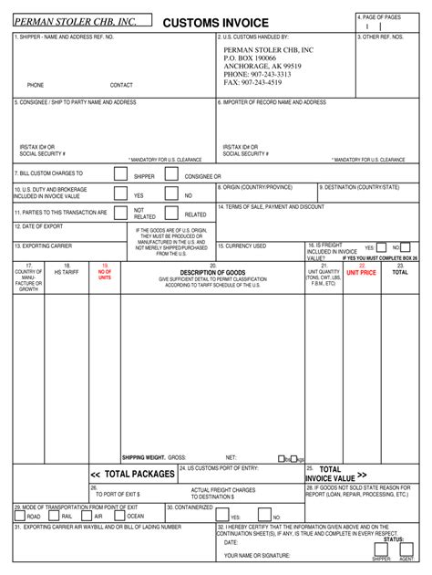 Commercial Invoice For Customs Template