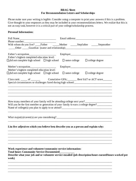 Common App Brag Sheet Template