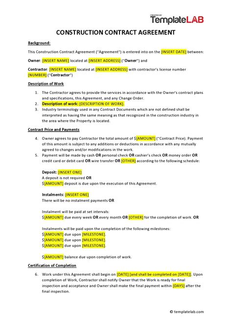Construction Agreement Template