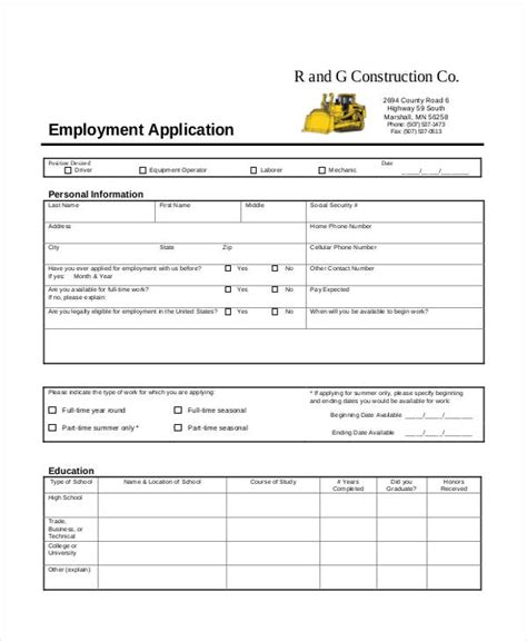 Construction Application For Employment Template