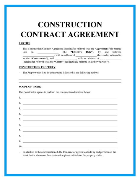 Construction Contract Sample Template