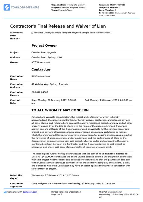 Construction Lien Release Template