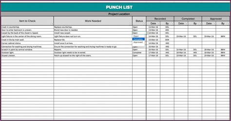 Construction Punch List Template Excel