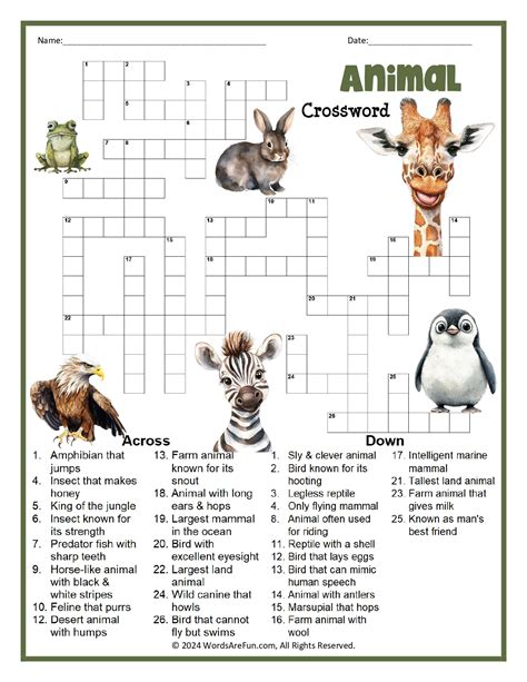 Crossword Puzzle Animals Printable