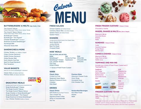 Culvers Printable Menu