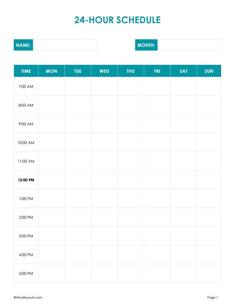 Daily 24 Hour Schedule Template
