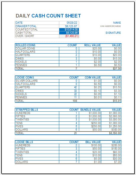 Daily Cash Count Sheet Template Excel