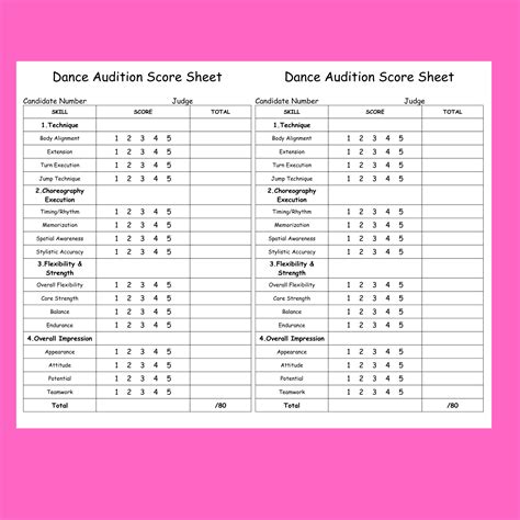 Dance Audition Score Sheet Template