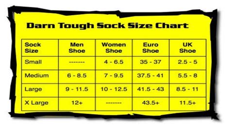 Darn Tough Sock Size Chart