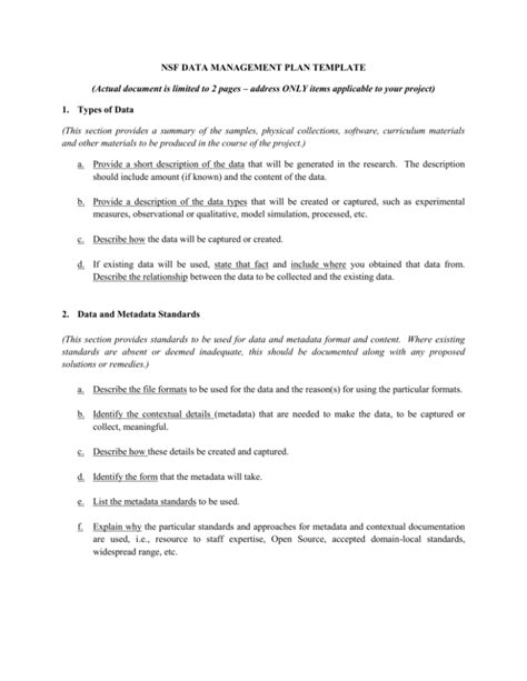Data Management Plan Template Nsf