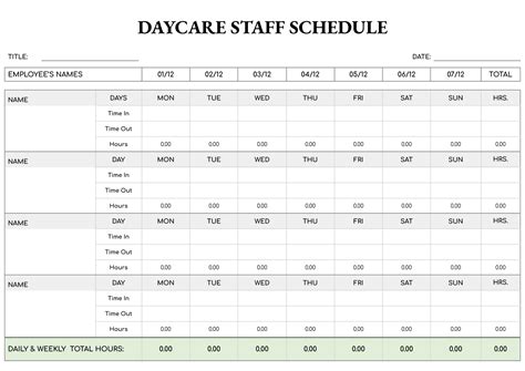 Daycare Employee Work Schedule Template