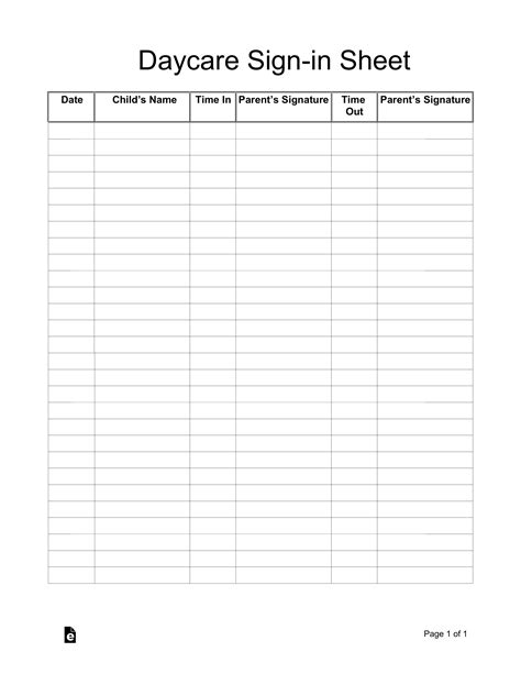 Daycare Sign In Sheet Template