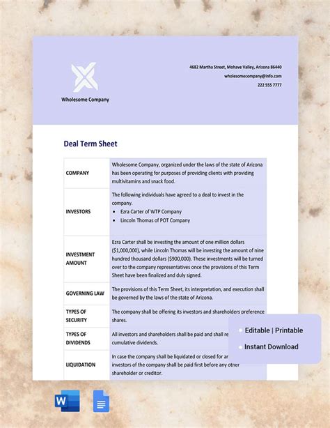 Deal Sheet Template
