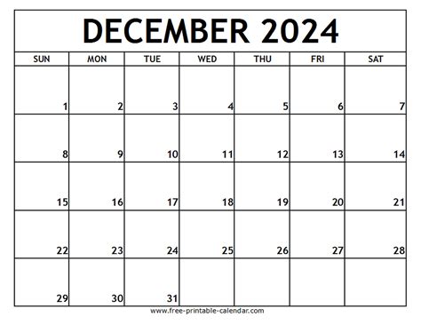 December Calendar Printable Free