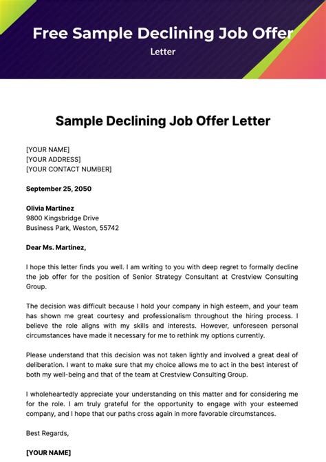 Declining Job Offer Template