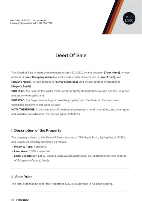 Deed Of Sale Template