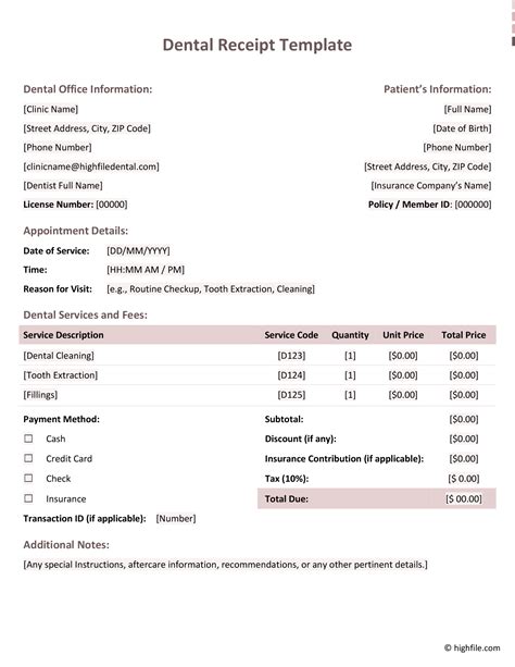 Dental Receipt Template