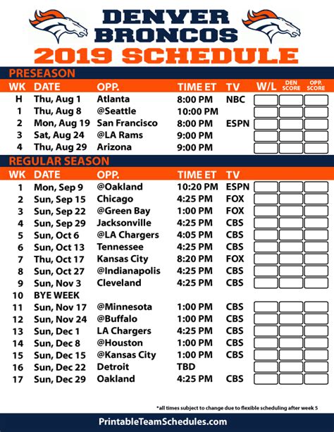 Denver Broncos Printable Schedule