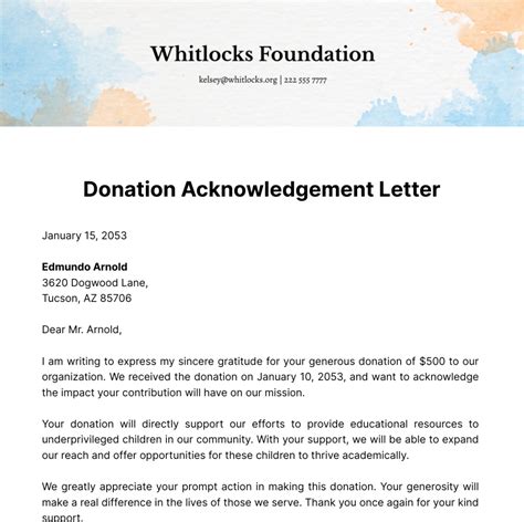 Donation Acknowledgement Letter Template Word