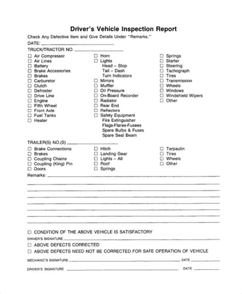 Downloadable Free Printable Driver Vehicle Inspection Report Form