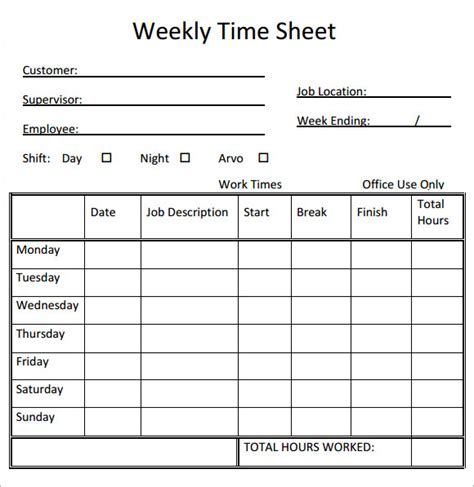 Downloadable Free Printable Weekly Timesheet Template