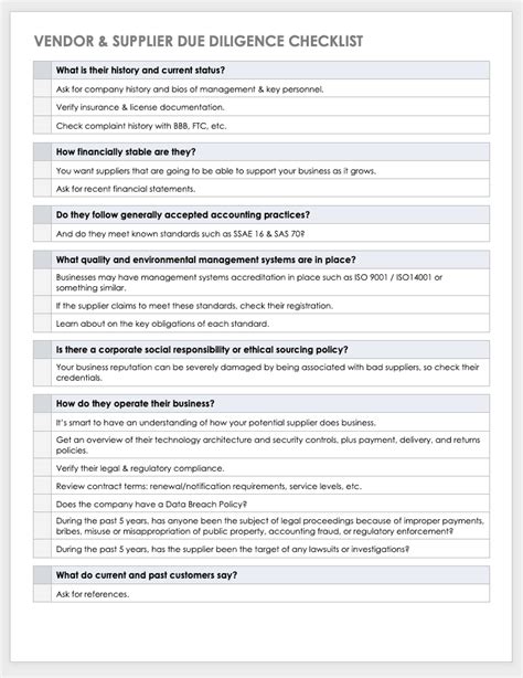 Due Diligence Questionnaire Template