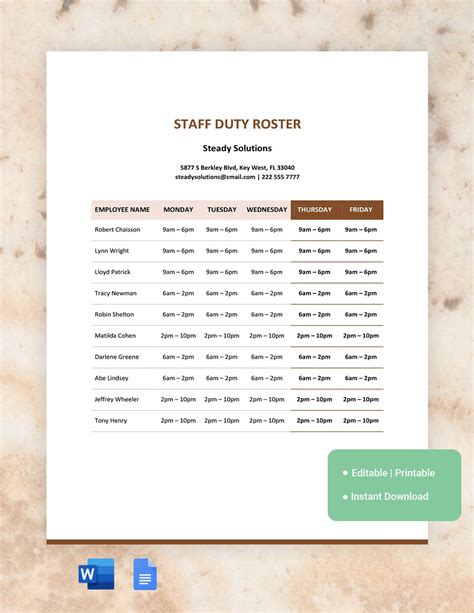 Duty Roster Template