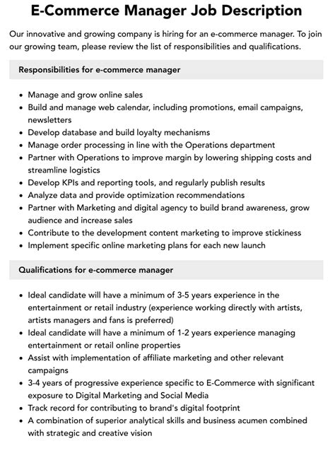 E Commerce Catalogue Manager Job Description