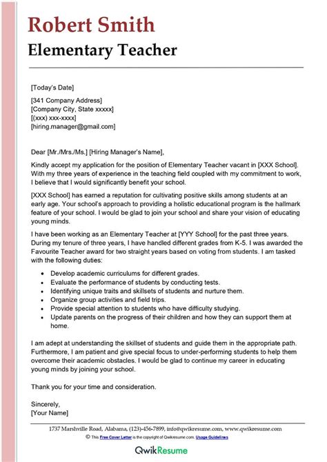 Elementary Teacher Cover Letter Template