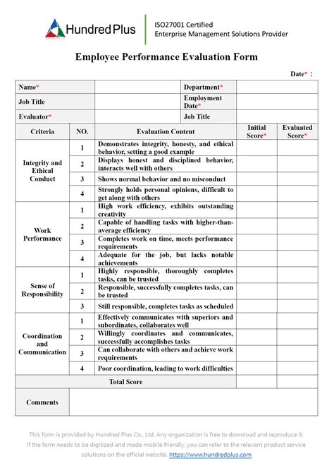 Employee Performance Evaluation Sample Template