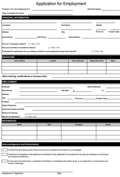 Employment Application Form Free Printable