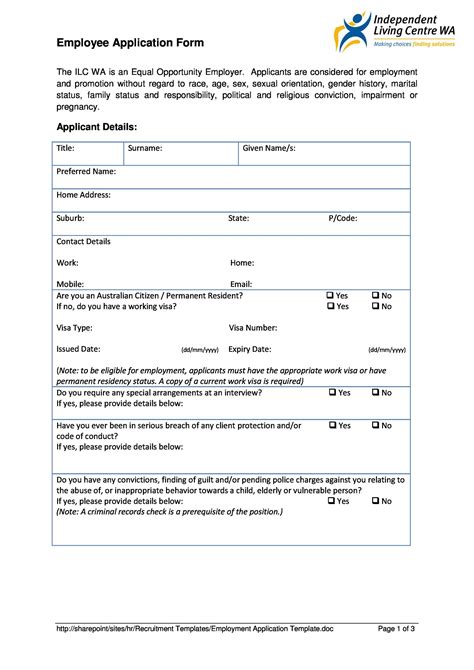 Employment Application Template Word