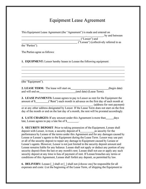 Equipment Leasing Agreement Template Free