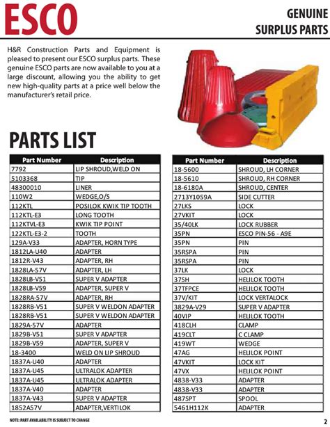 Esco Parts Catalog