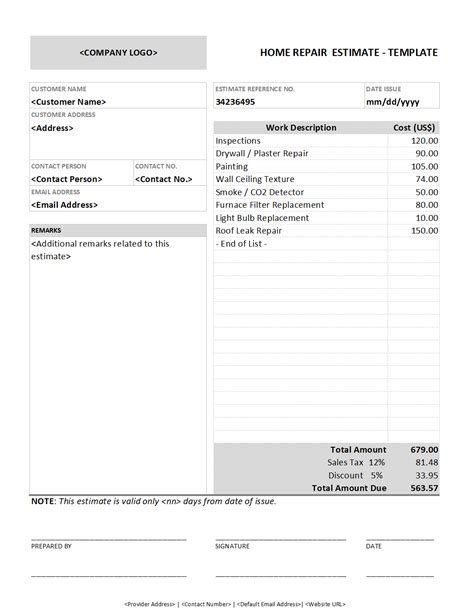 Estimate For Home Repairs Template