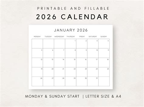 Etsy Printable Calendar