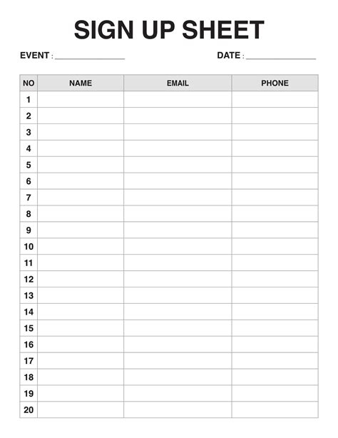 Event Sign Up Sheet Template
